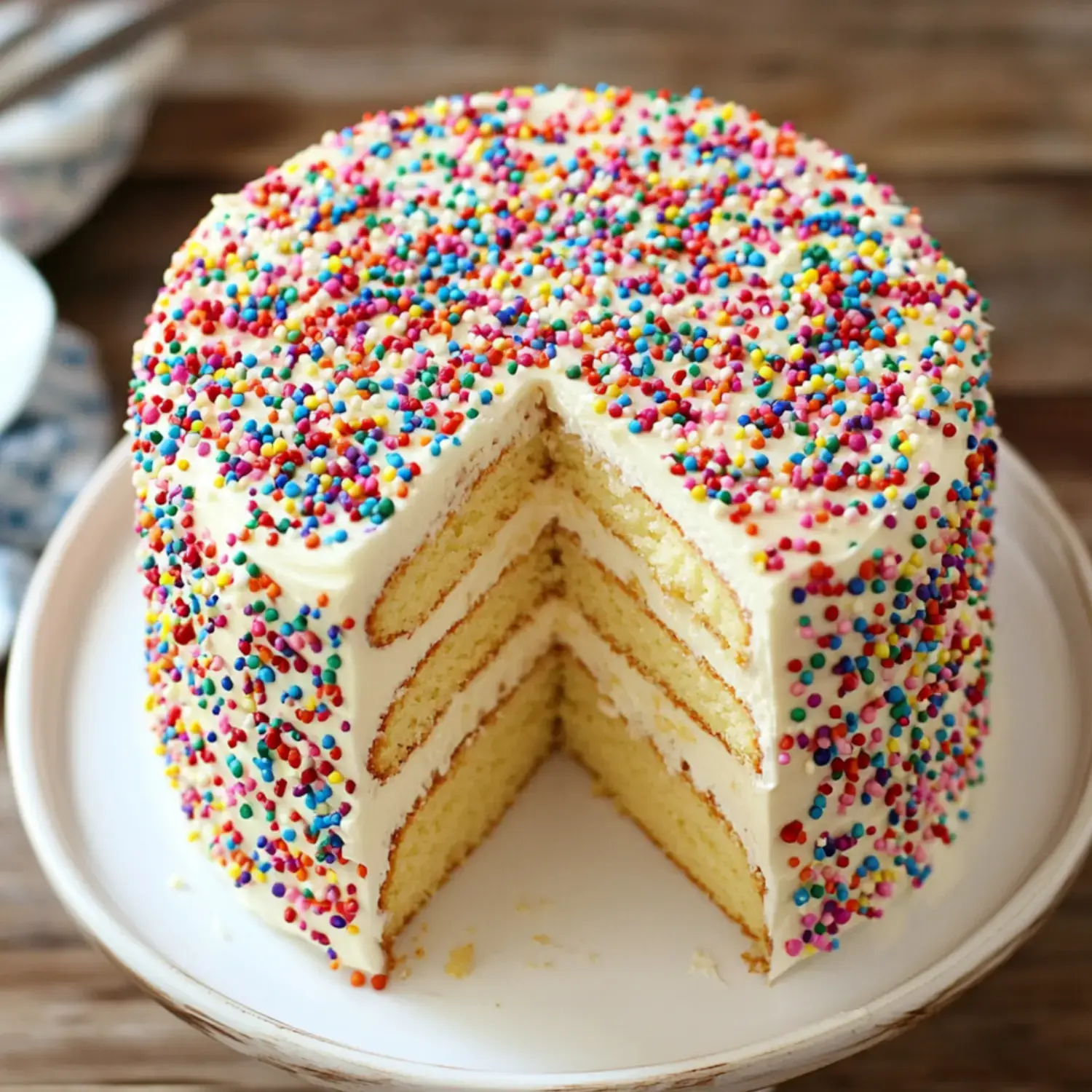 A colorful layered cake with sprinkles has a slice removed, revealing its creamy frosting and light yellow cake layers.