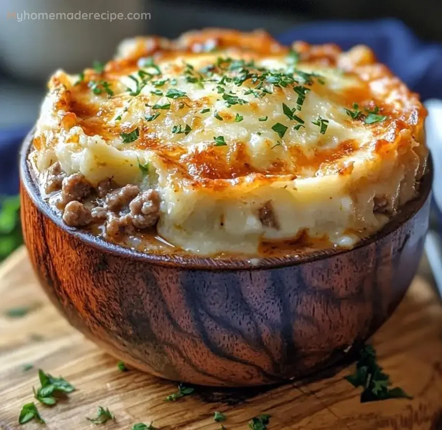 Shepherd's Pie Soup with Mashed Potatoes and Cheddar Cheese