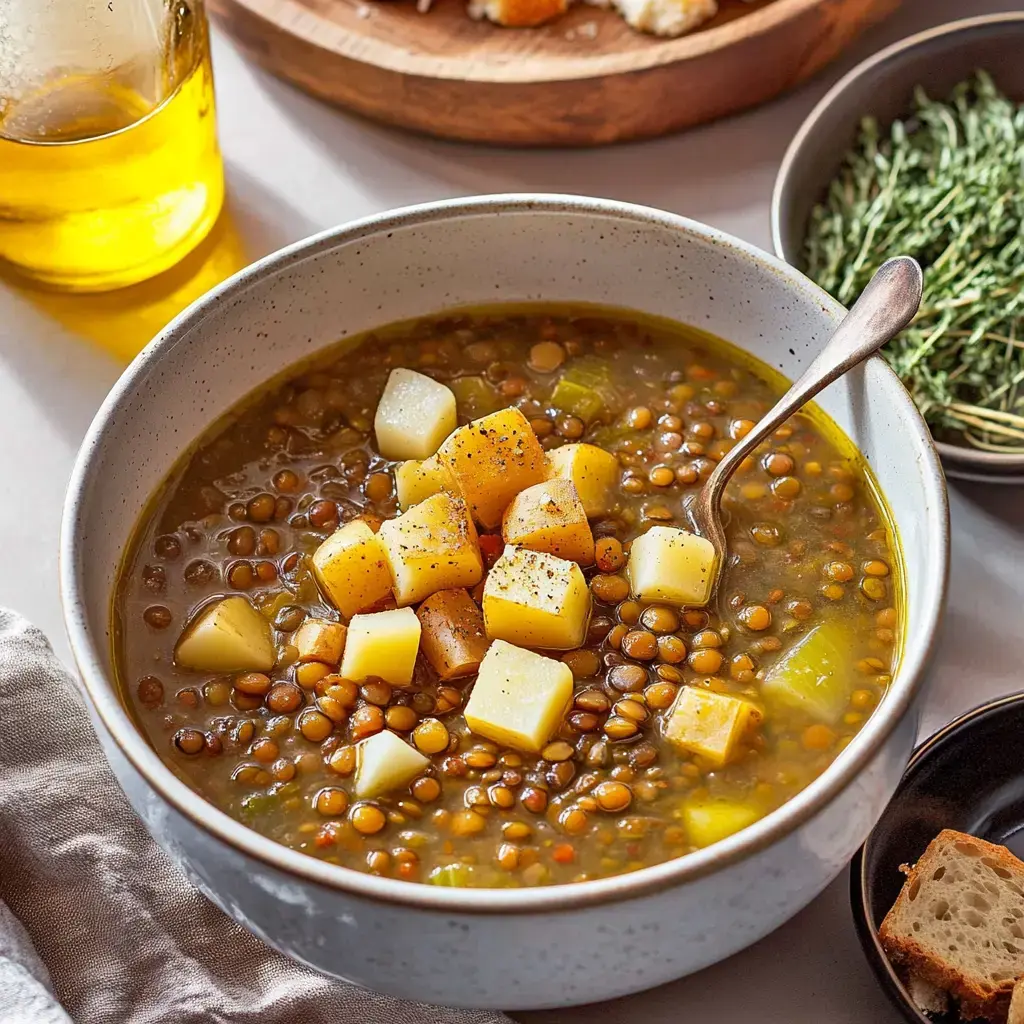 A bowl of lentil soup topped with diced potatoes, accompanied by a bottle of olive oil, a plate of bread, and a dish of fresh herbs.