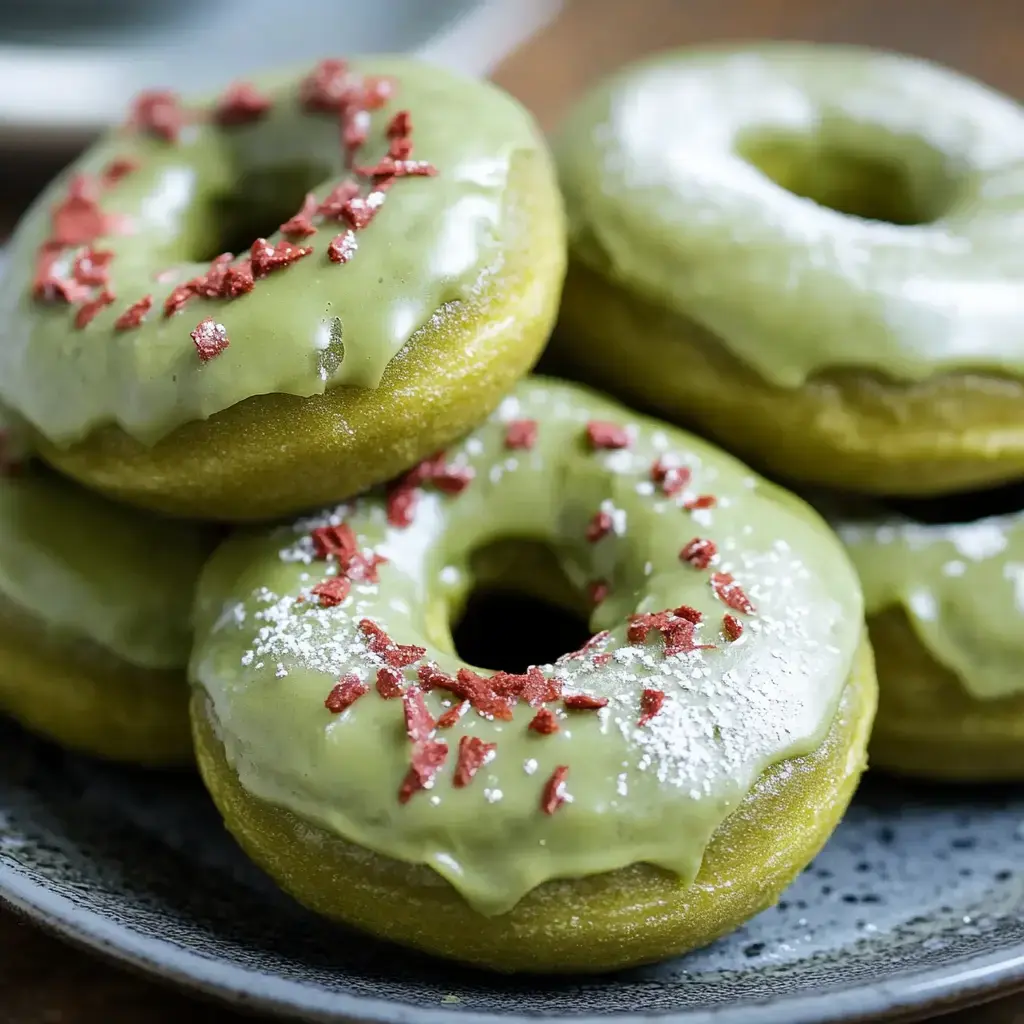 A close-up of several matcha-flavored donuts topped with green icing and sprinkle of red bits on a decorative plate.