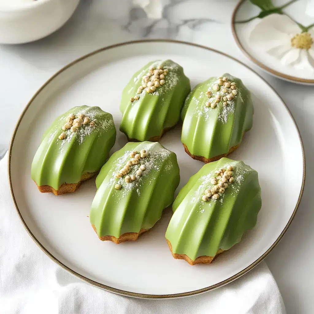 A plate of five green, glossy madeleines topped with crunchy pearls and powdered sugar.