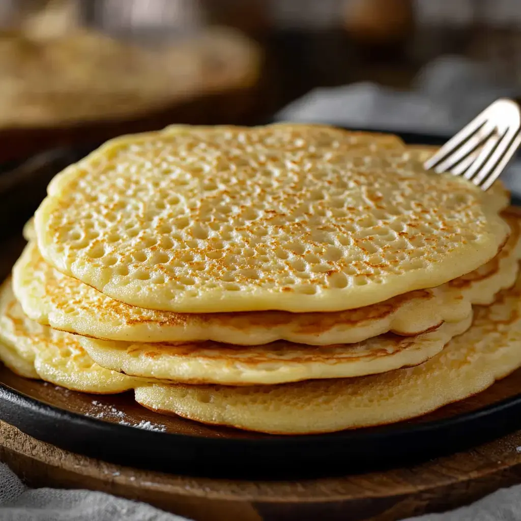 A stack of golden, fluffy pancakes on a dark plate with a fork resting beside them.