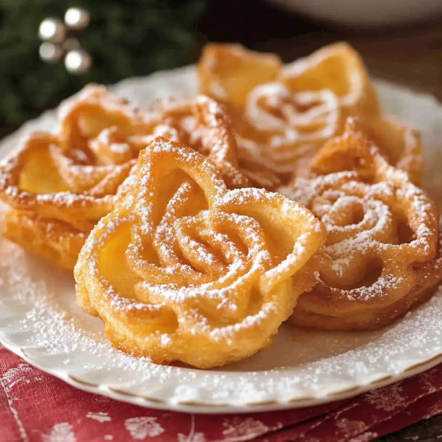 A plate of beautifully shaped, fried pastry flowers dusted with powdered sugar.