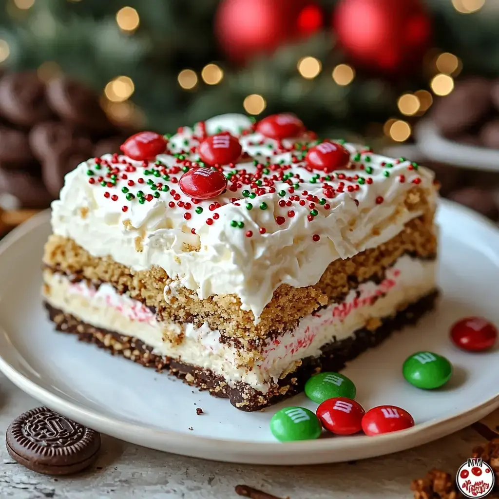 A festive layered dessert topped with whipped cream, red and green sprinkles, and M&M's, served on a plate alongside some cookies.