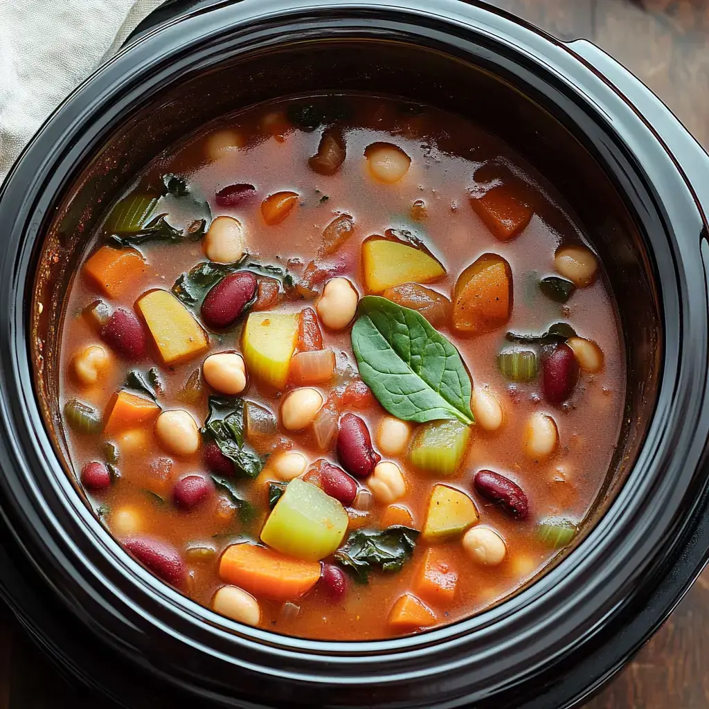 A close-up of a simmering vegetable and bean soup in a dark, round slow cooker, featuring colorful chunks of vegetables and leafy greens.