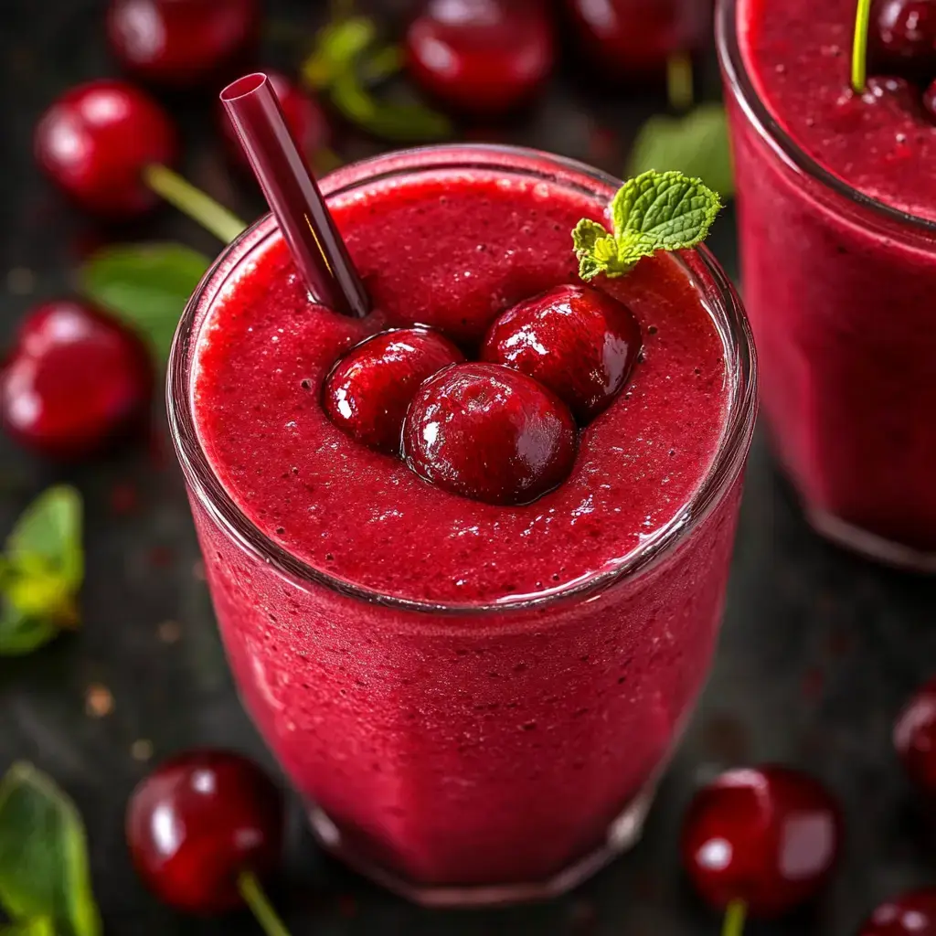 A close-up image of a vibrant cherry smoothie topped with whole cherries and a mint garnish, surrounded by fresh cherries.