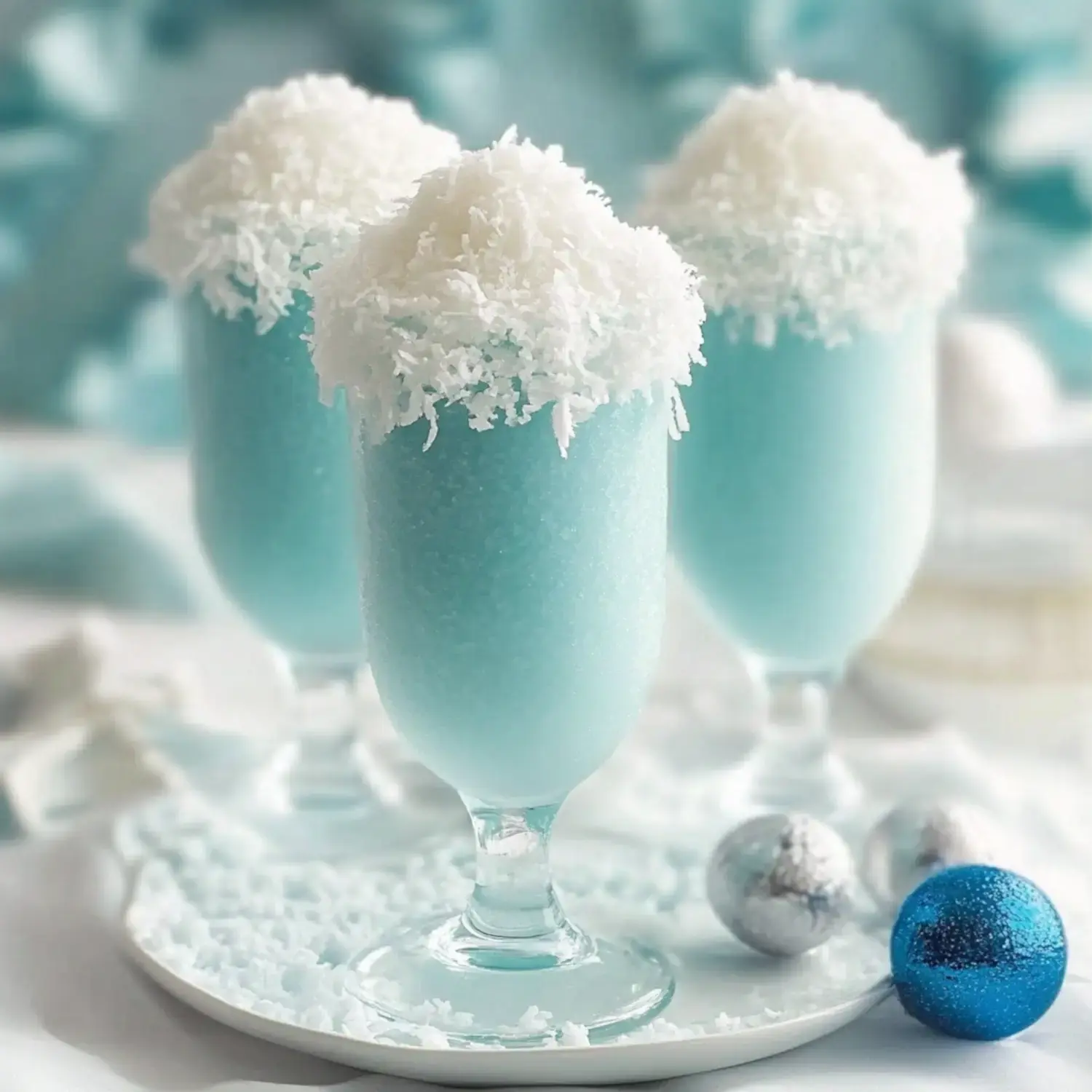 Three frosty blue drinks topped with shredded coconut sit on a white plate, surrounded by decorative ornaments.