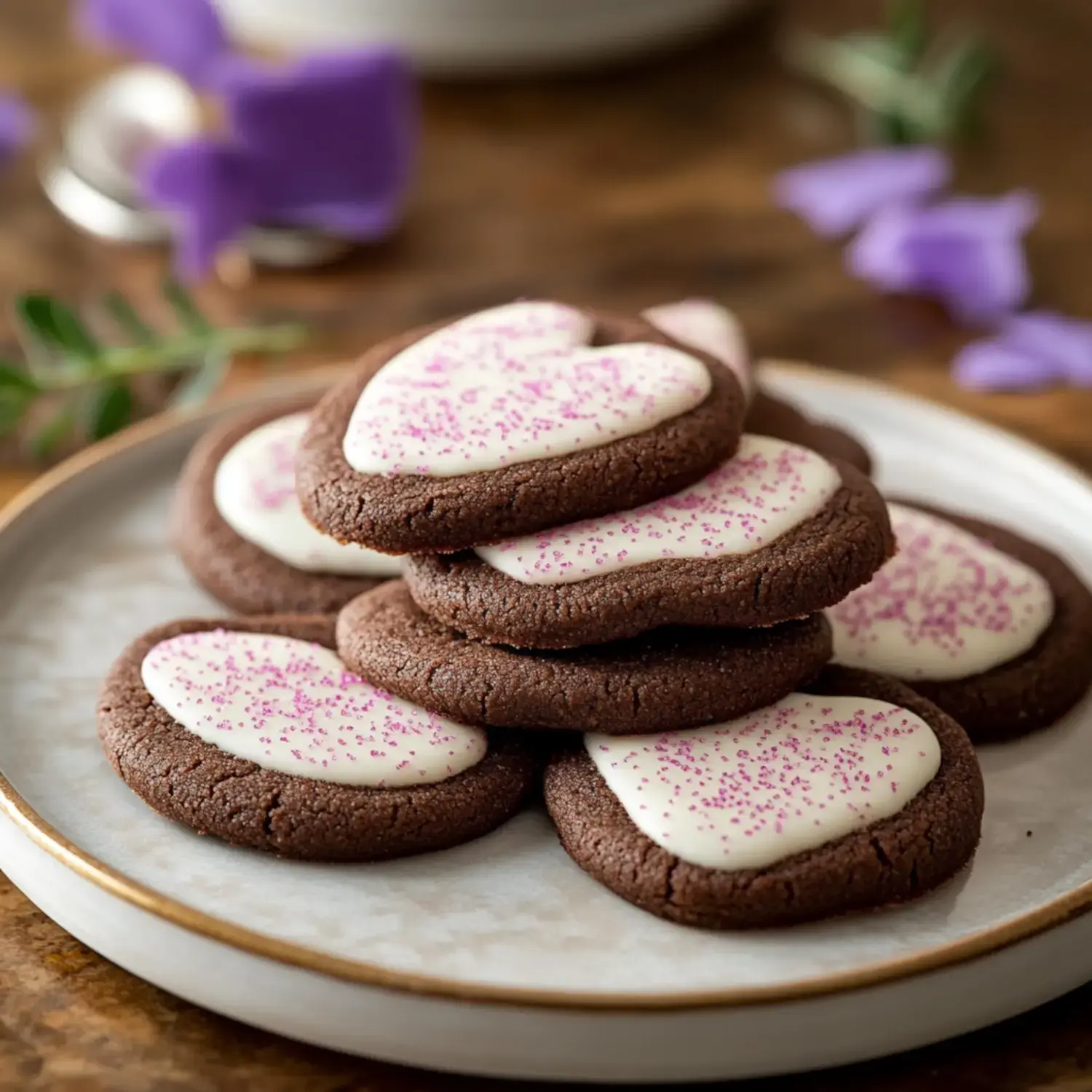 A plate piled with heart-shaped chocolate cookies topped with white icing and pink sprinkles, surrounded by decorative flowers.