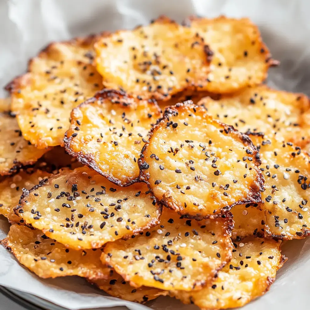 A close-up of crispy, golden-brown cheese crisps sprinkled with black pepper on a white plate.