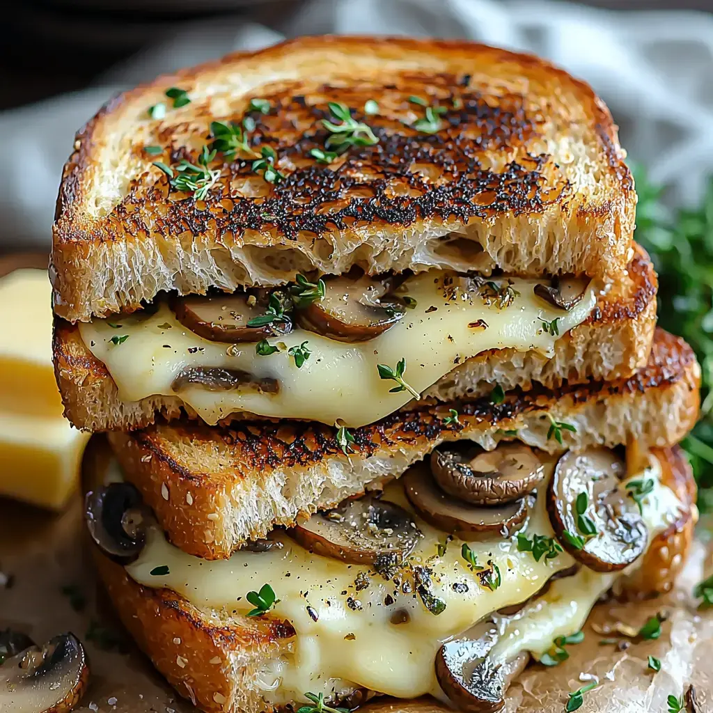 A stack of toasted bread filled with melted cheese and sautéed mushrooms, garnished with fresh thyme.