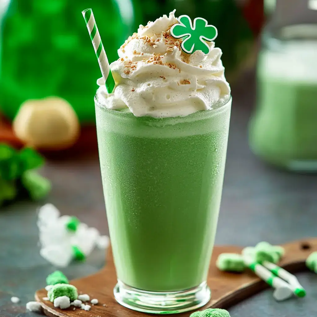 A creamy green beverage topped with whipped cream and a green shamrock decoration sits on a wooden surface surrounded by festive treats.