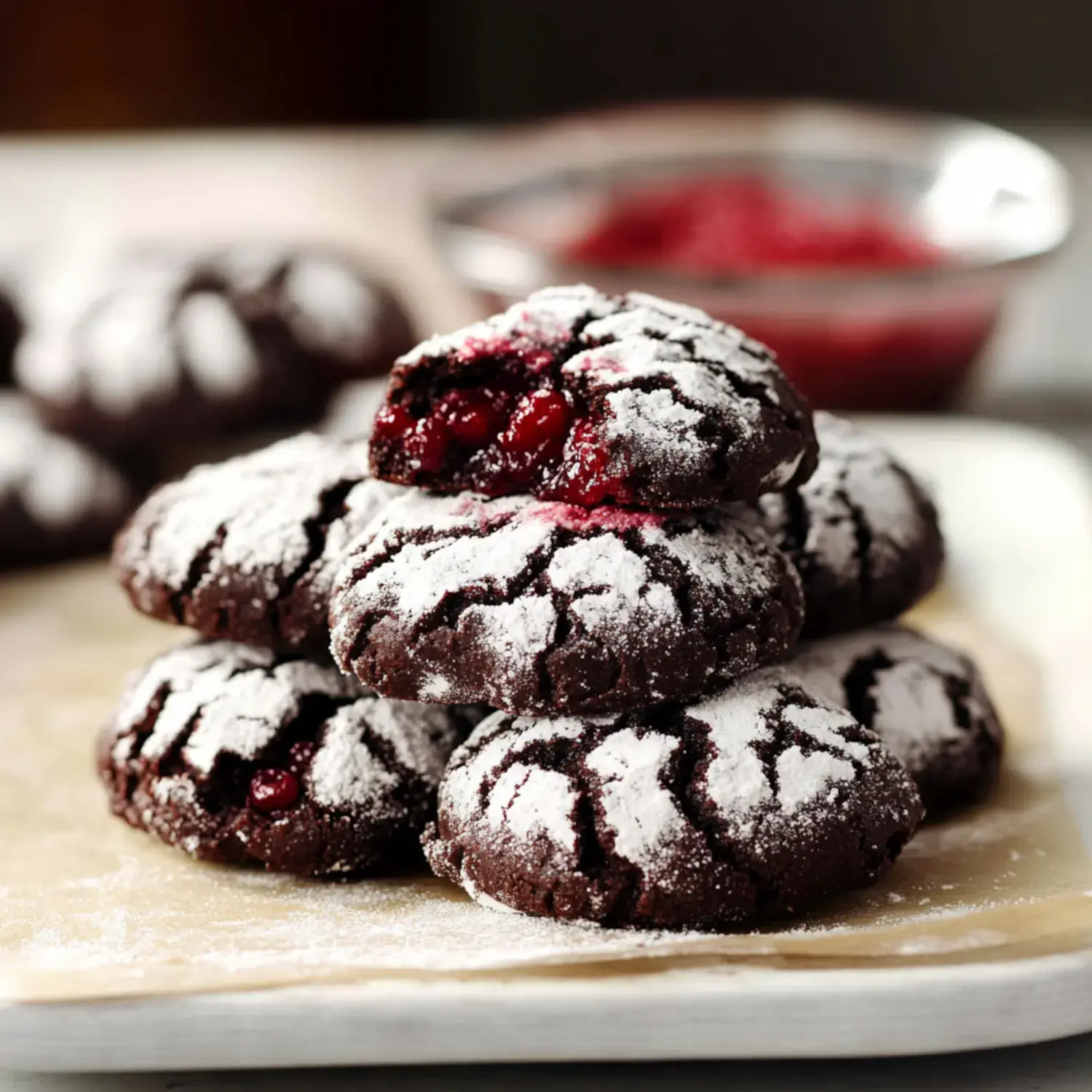 A stack of chocolate cookies dusted with powdered sugar, with one cookie split open to reveal a raspberry filling.