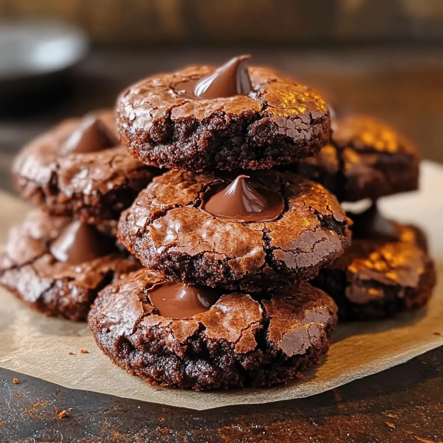 A stack of chewy chocolate cookies topped with chocolate kisses on parchment paper.