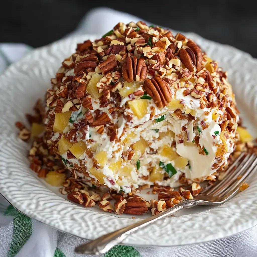 A cheese ball coated with chopped pecans and pineapple pieces, served on a decorative plate with a fork beside it.