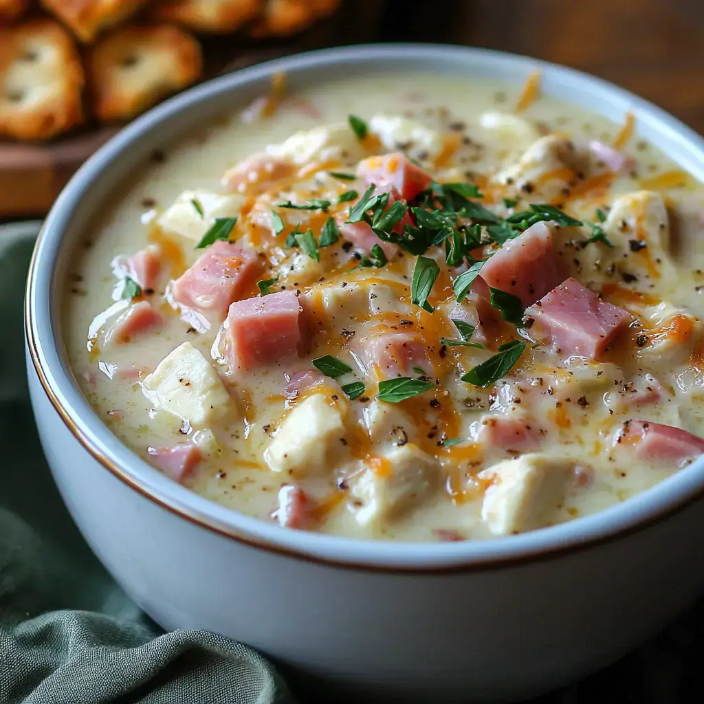 A creamy soup filled with chunks of chicken and ham, garnished with herbs, served in a white bowl with crackers on the side.