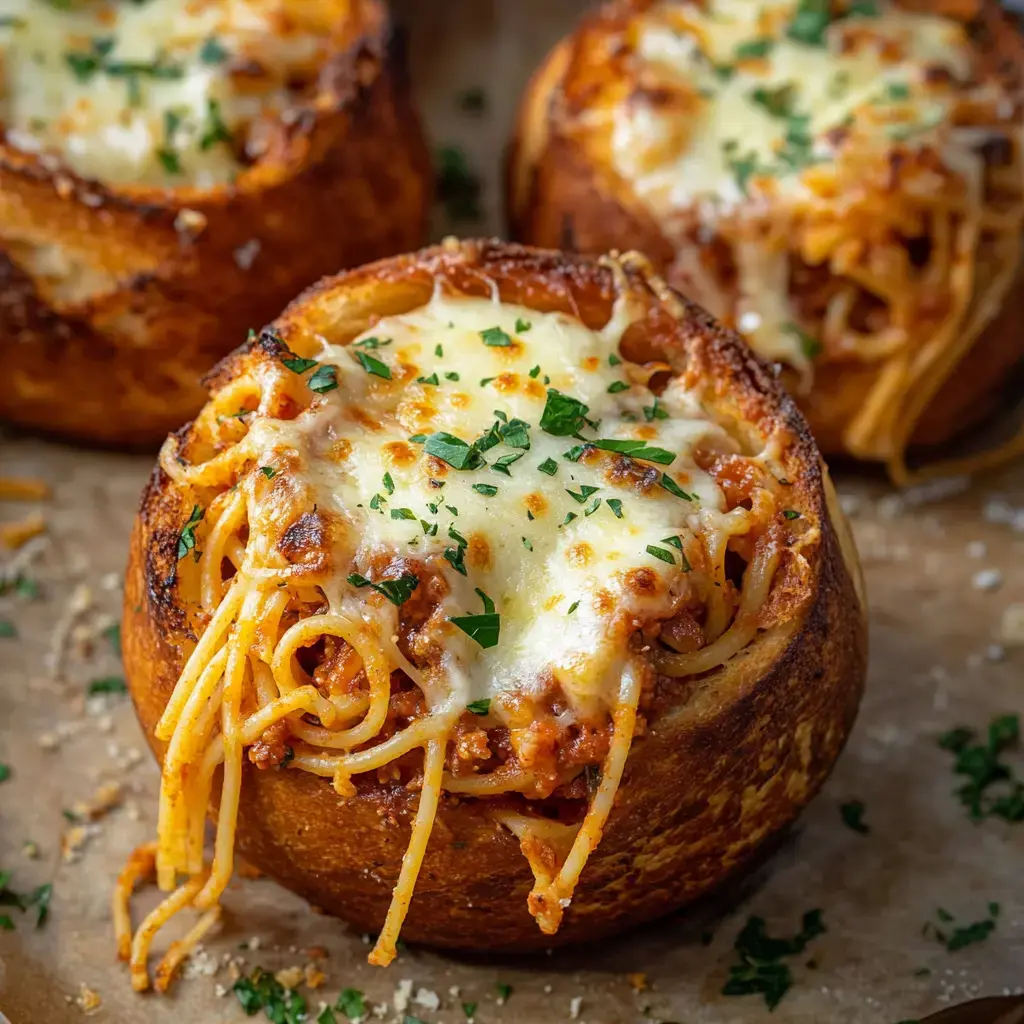 Three bread bowls filled with spaghetti and topped with melted cheese and parsley.