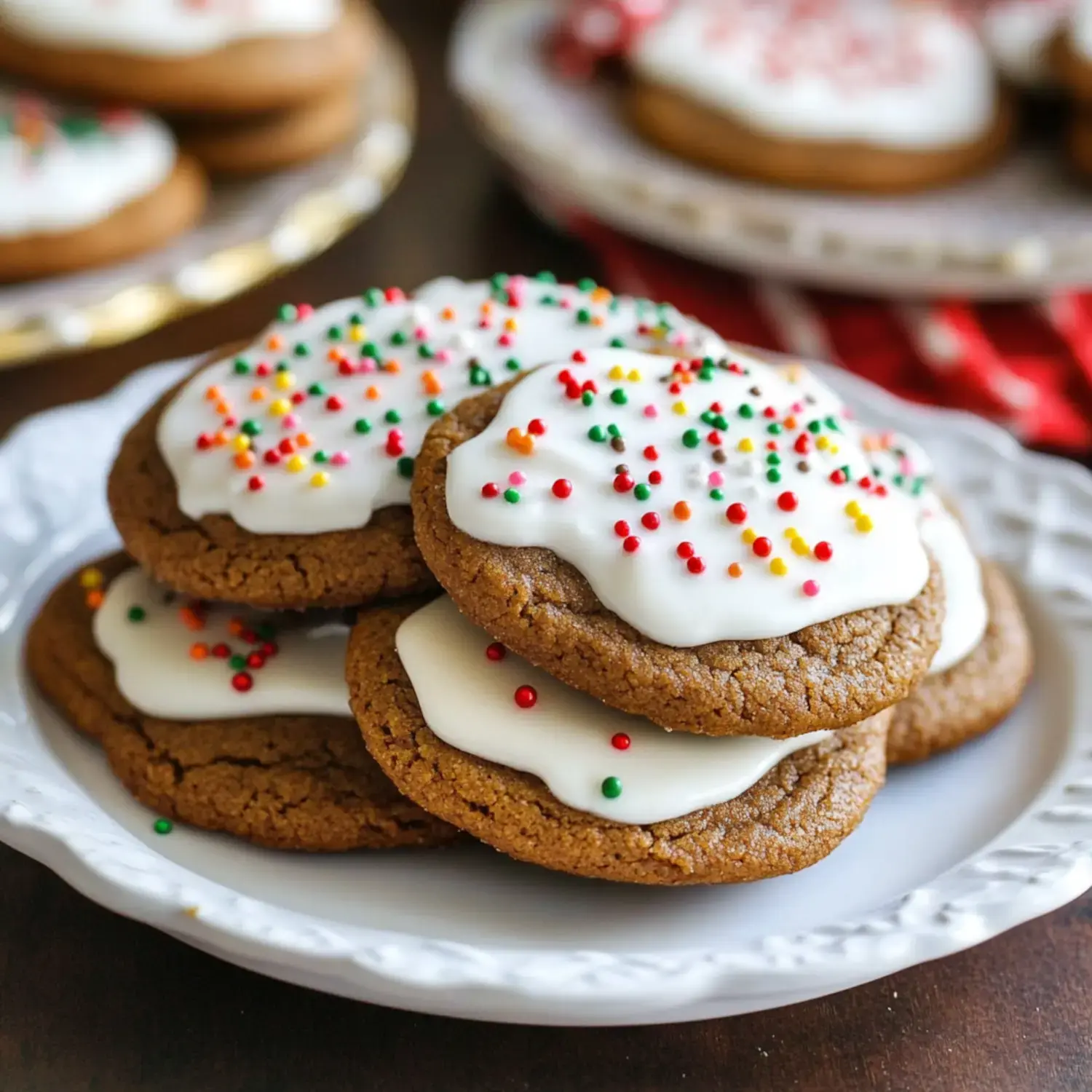 A close-up of a plate stacked with decorated gingerbread cookies featuring white icing and colorful sprinkles.