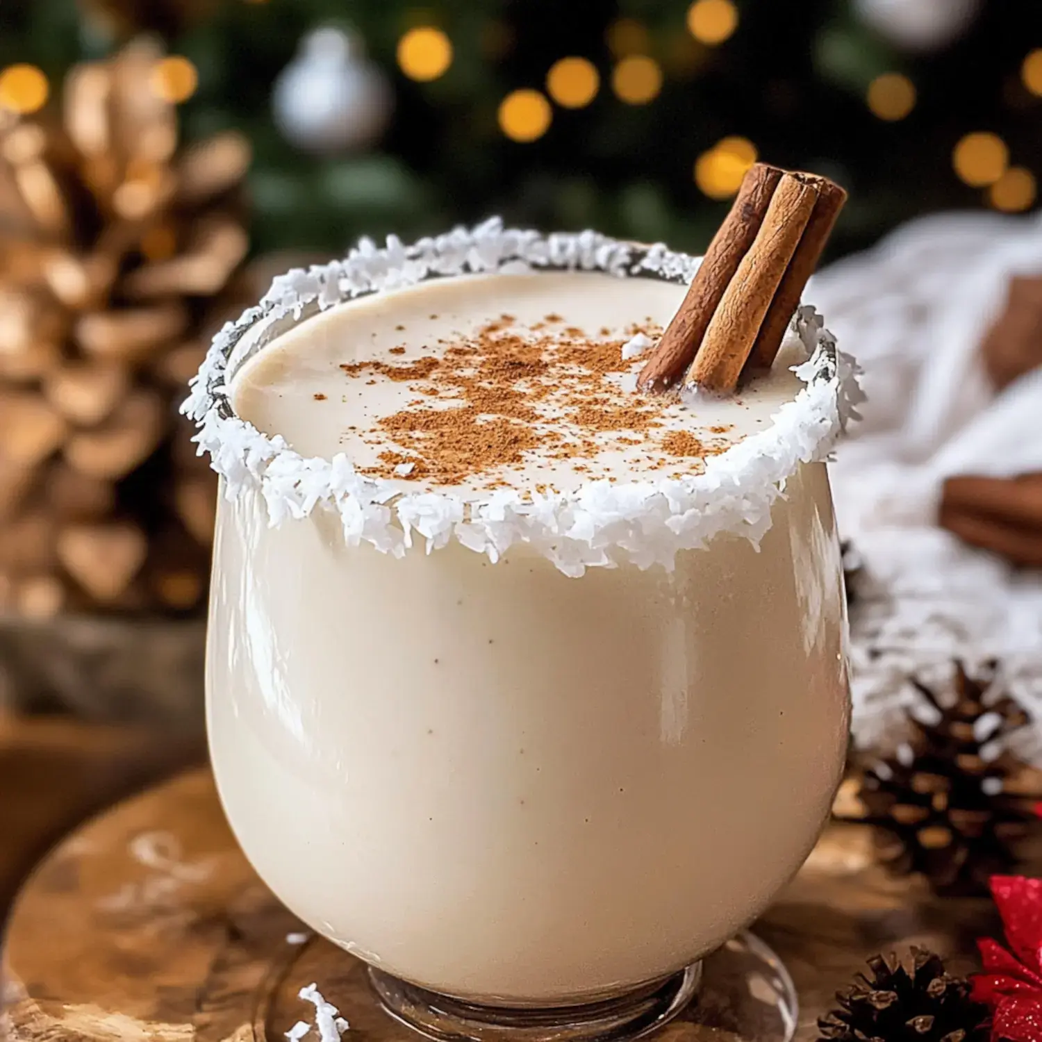 A festive glass of creamy beverage is garnished with coconut flakes and cinnamon sticks, set against a blurred holiday-themed background.