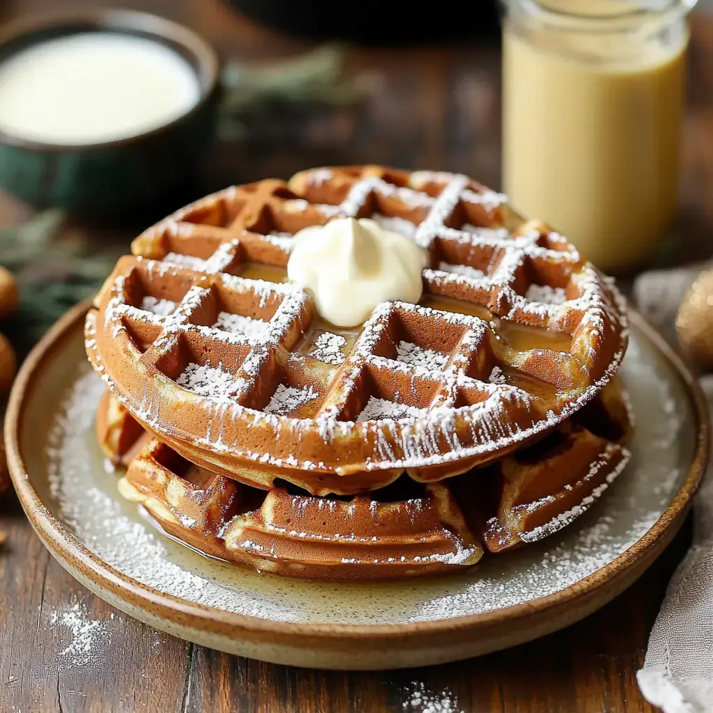 A stack of golden-brown waffles topped with a dollop of cream and dusted with powdered sugar, served on a rustic plate with syrup nearby.