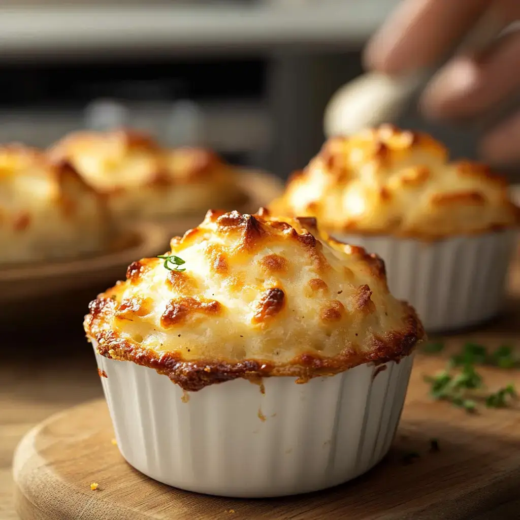 Two golden-brown, cheesy soufflés in white ramekins are placed on a wooden cutting board, with one being garnished.