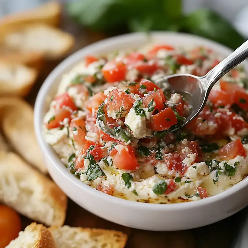 A bowl of feta cheese dip topped with chopped tomatoes and herbs, accompanied by slices of toasted bread.