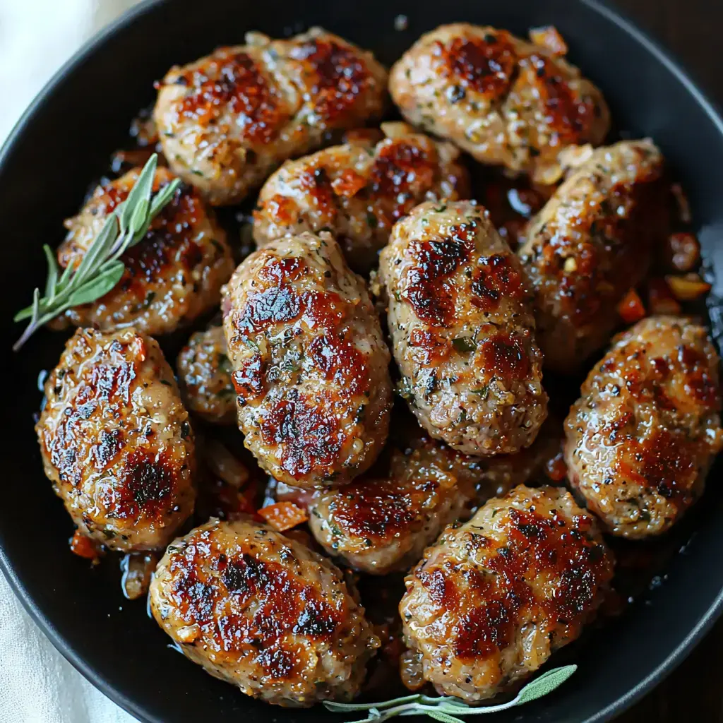 A close-up view of a black bowl filled with golden-brown, grilled meatballs garnished with herbs.