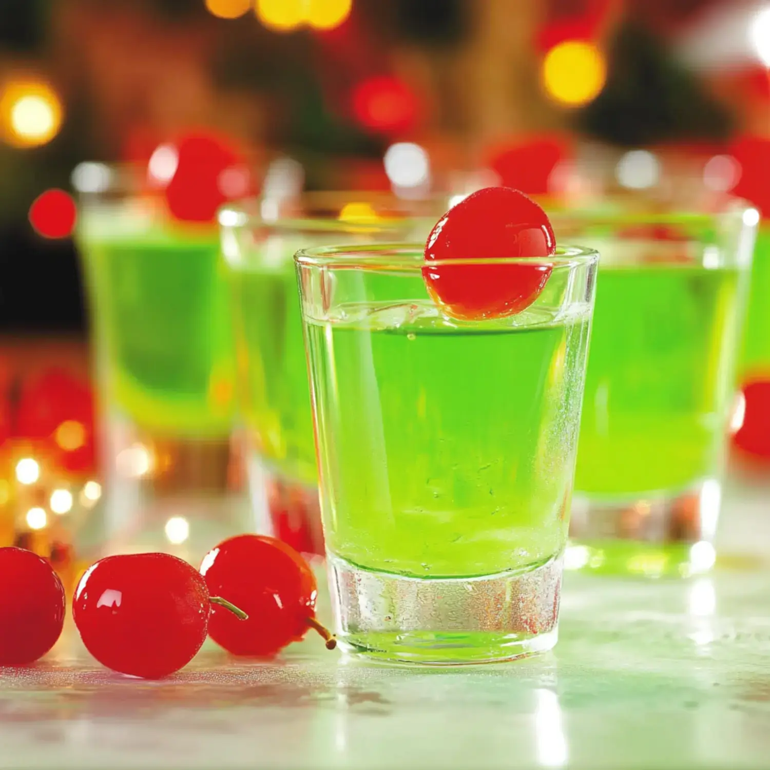 A close-up of vibrant green shots decorated with shiny red cherries, with several more glasses blurred in the background.