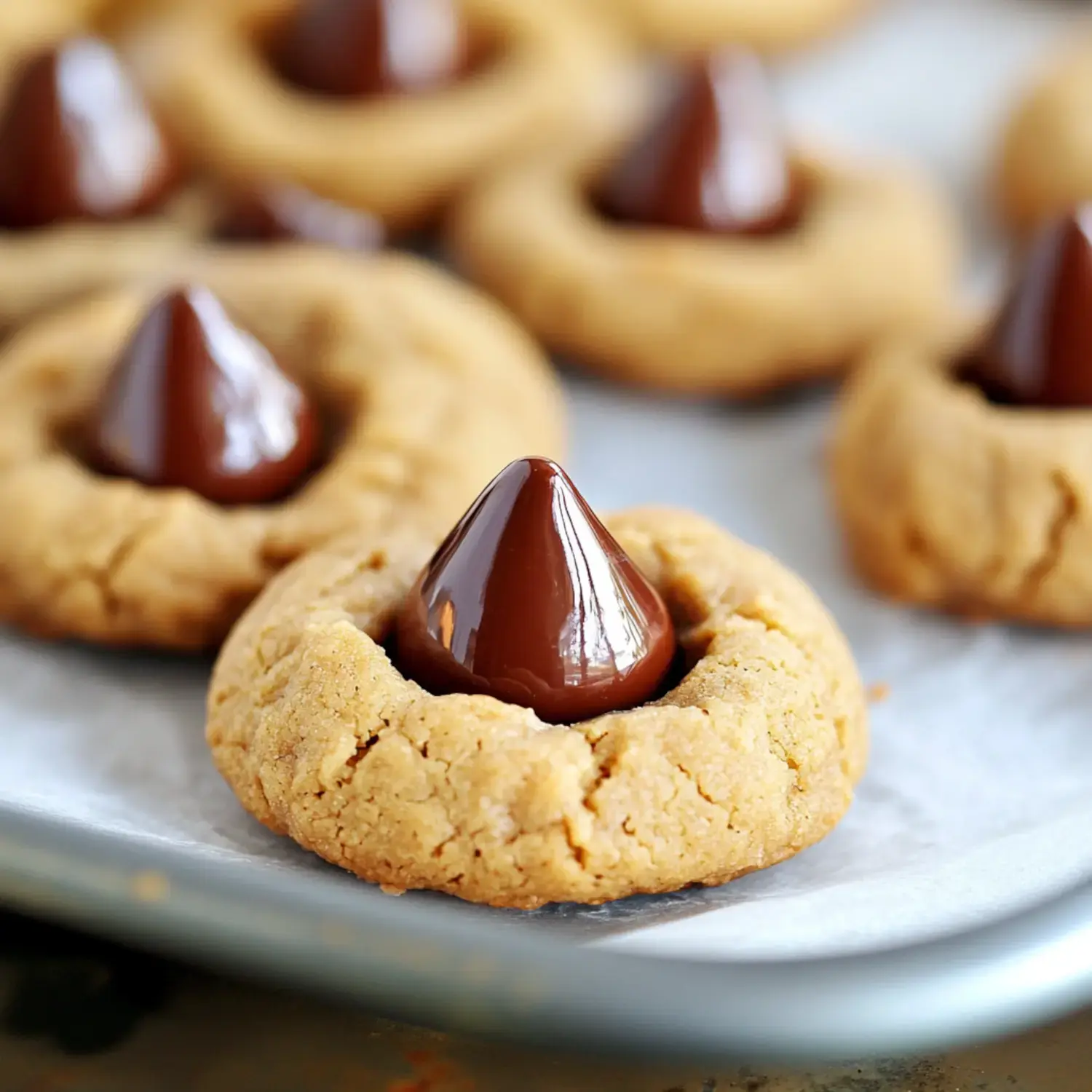 A close-up of peanut butter cookies with a chocolate kiss candy in the center, arranged on a baking sheet.