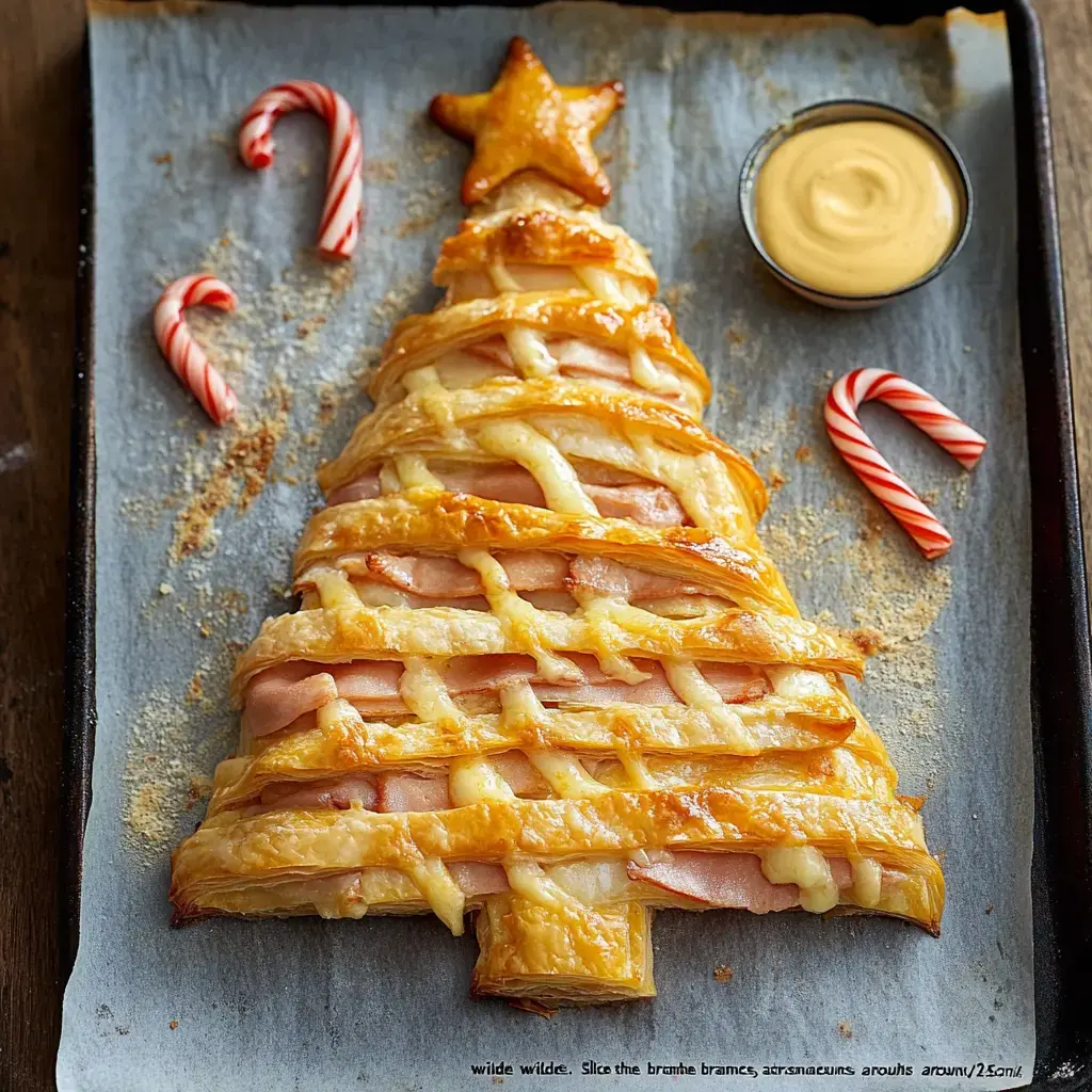 A pastry shaped like a Christmas tree, decorated with cheese and ham, accompanied by candy canes and a small bowl of sauce.