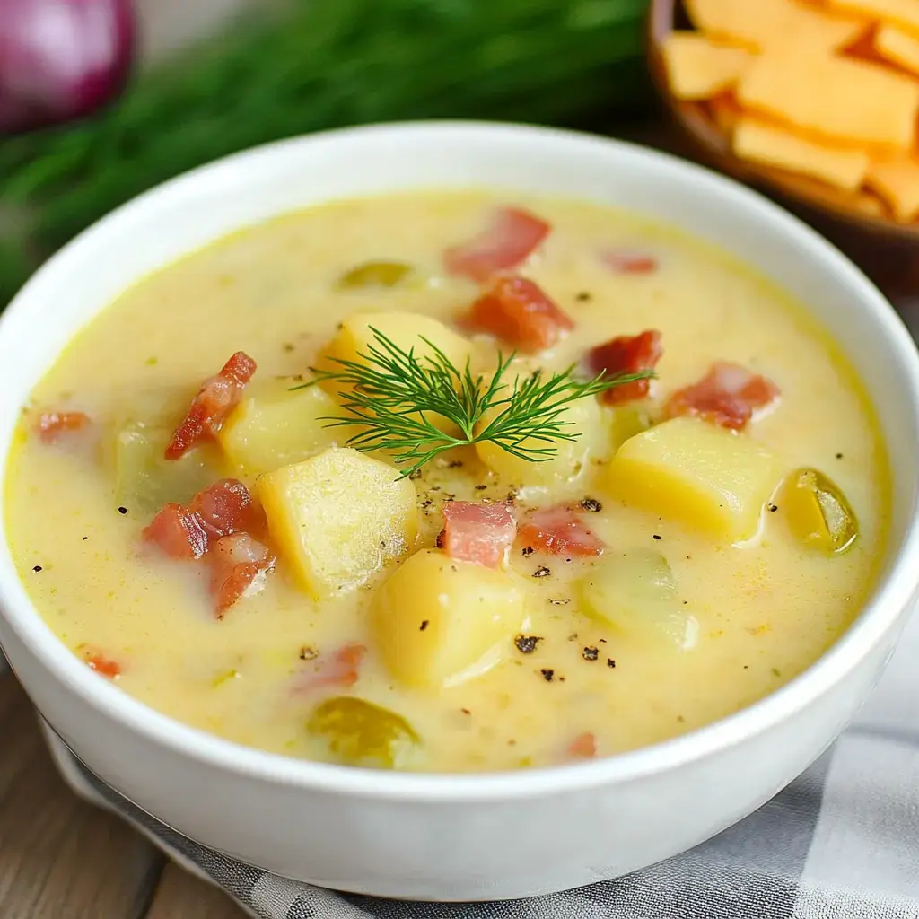 A creamy soup featuring diced potatoes, bacon, and pickles, garnished with fresh dill.