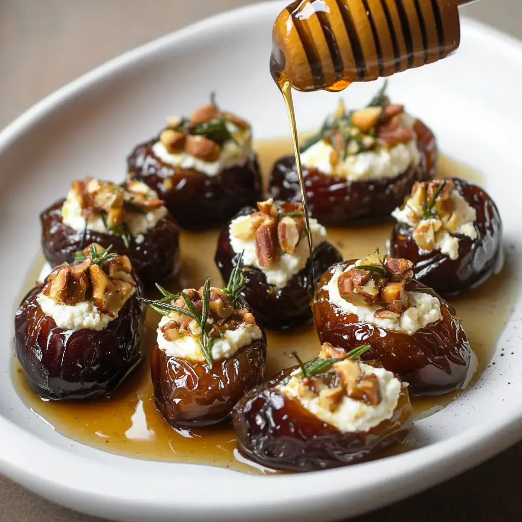 A plate of stuffed dates topped with cheese, nuts, and drizzled with honey.