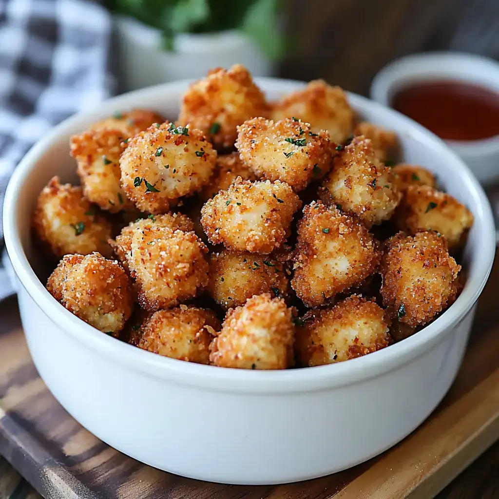 A white bowl filled with golden, crispy bite-sized pieces of fried food, garnished with parsley, accompanied by a small dish of dipping sauce.