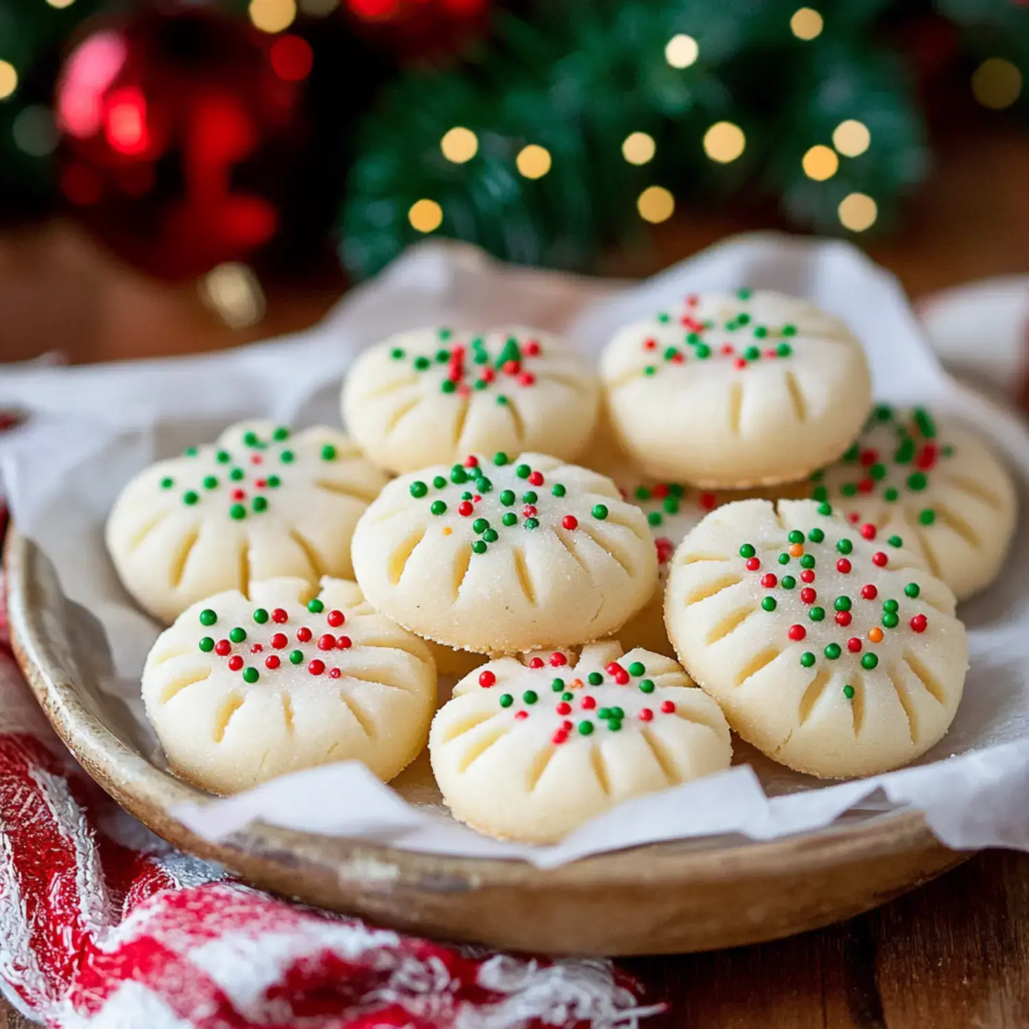 A plate of festive cookies decorated with red and green sprinkles, set against a blurred holiday background.