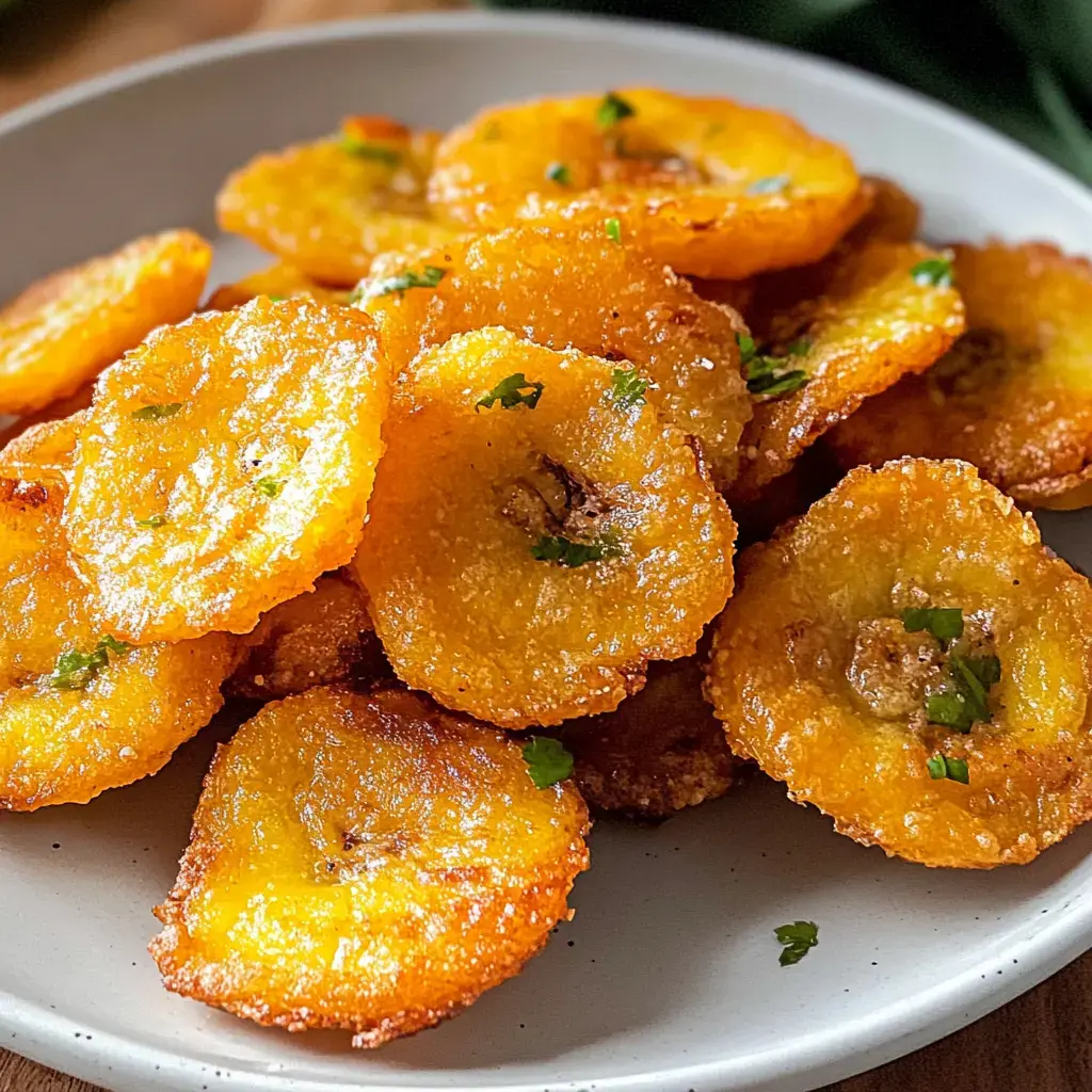 A plate of golden, crispy fried plantain slices garnished with green herbs.