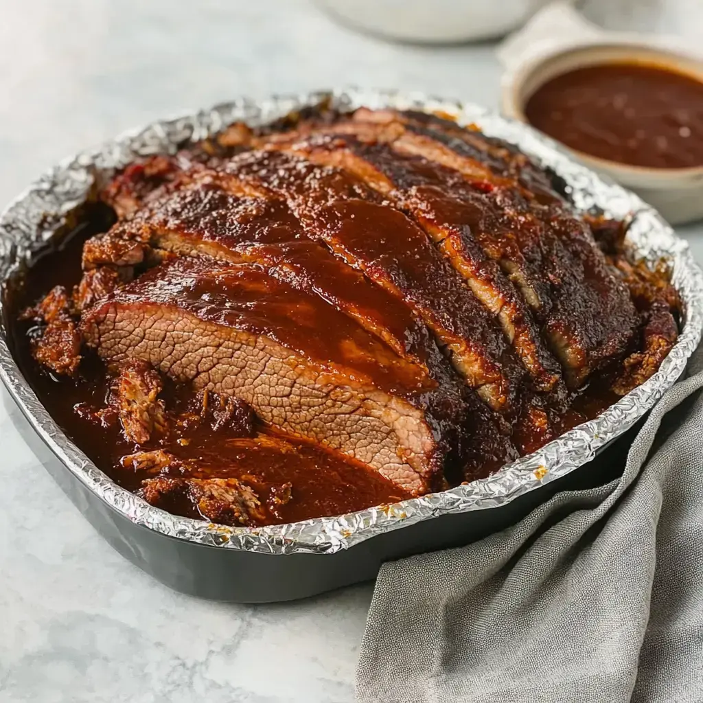 A juicy, fully cooked brisket in a foil-lined tray, coated in barbecue sauce, with sliced portions visible and a small bowl of sauce nearby.