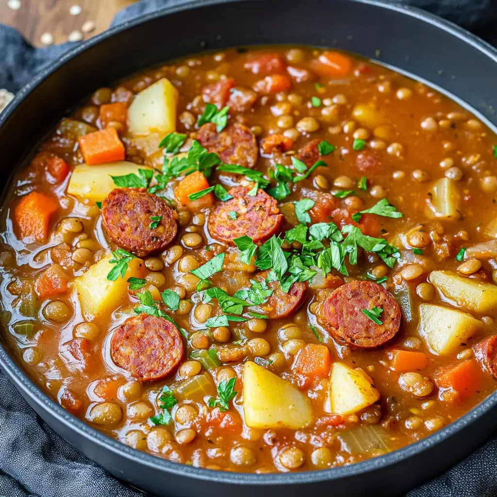 A black bowl filled with hearty lentil soup containing potatoes, carrots, and slices of chorizo, garnished with fresh parsley.