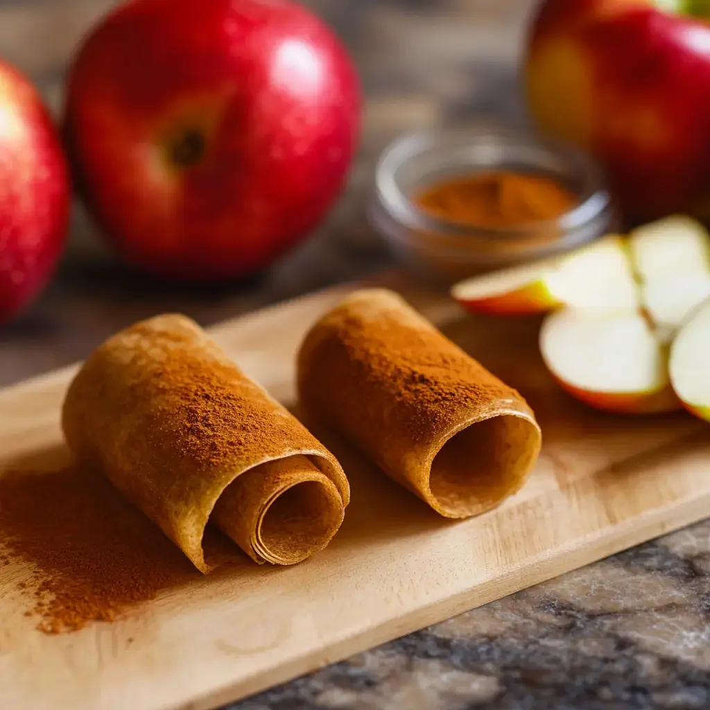 Two rolled fruit leather pieces are placed on a wooden cutting board, surrounded by red apples, apple slices, and a small bowl of ground cinnamon.