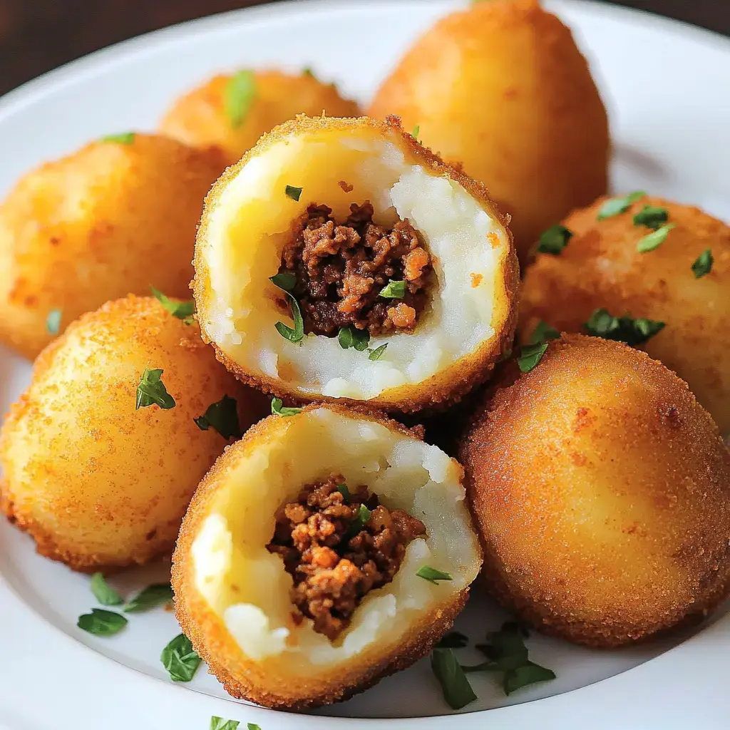 A plate of golden-brown, breaded potato balls filled with seasoned ground meat and garnished with parsley.