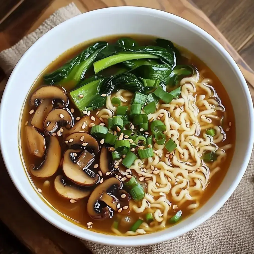 A bowl of ramen soup featuring noodles, mushrooms, green vegetables, and garnished with chopped green onions and sesame seeds.