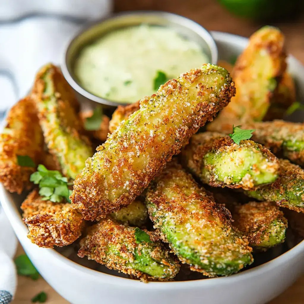 A bowl of crispy, breaded avocado slices is accompanied by a small dish of creamy dip.