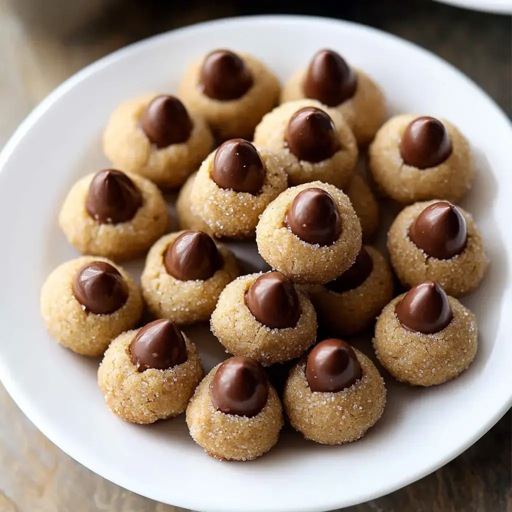 A white plate filled with small, round cookies topped with chocolate kisses and sprinkled with sugar.