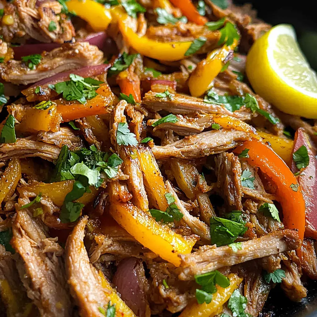 A vibrant dish of shredded meat mixed with colorful bell peppers and garnished with fresh cilantro and a slice of lemon.