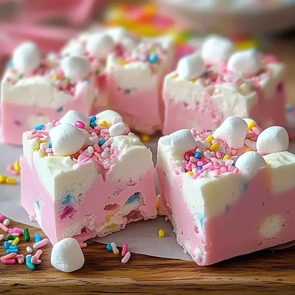 A close-up of colorful pink and white fudge squares, topped with mini marshmallows and assorted sprinkles, arranged on a wooden surface.