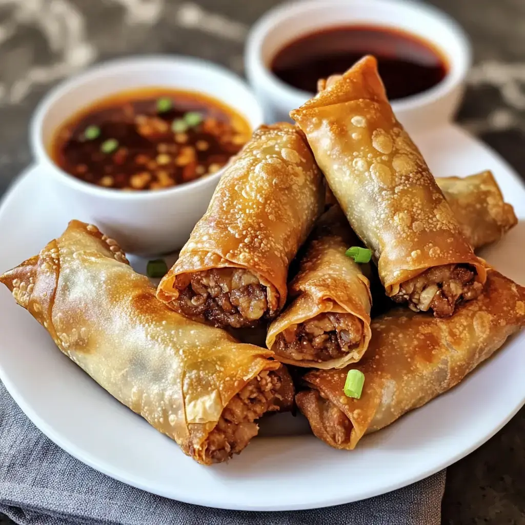 A plate of crispy spring rolls is accompanied by two small bowls of dipping sauces.