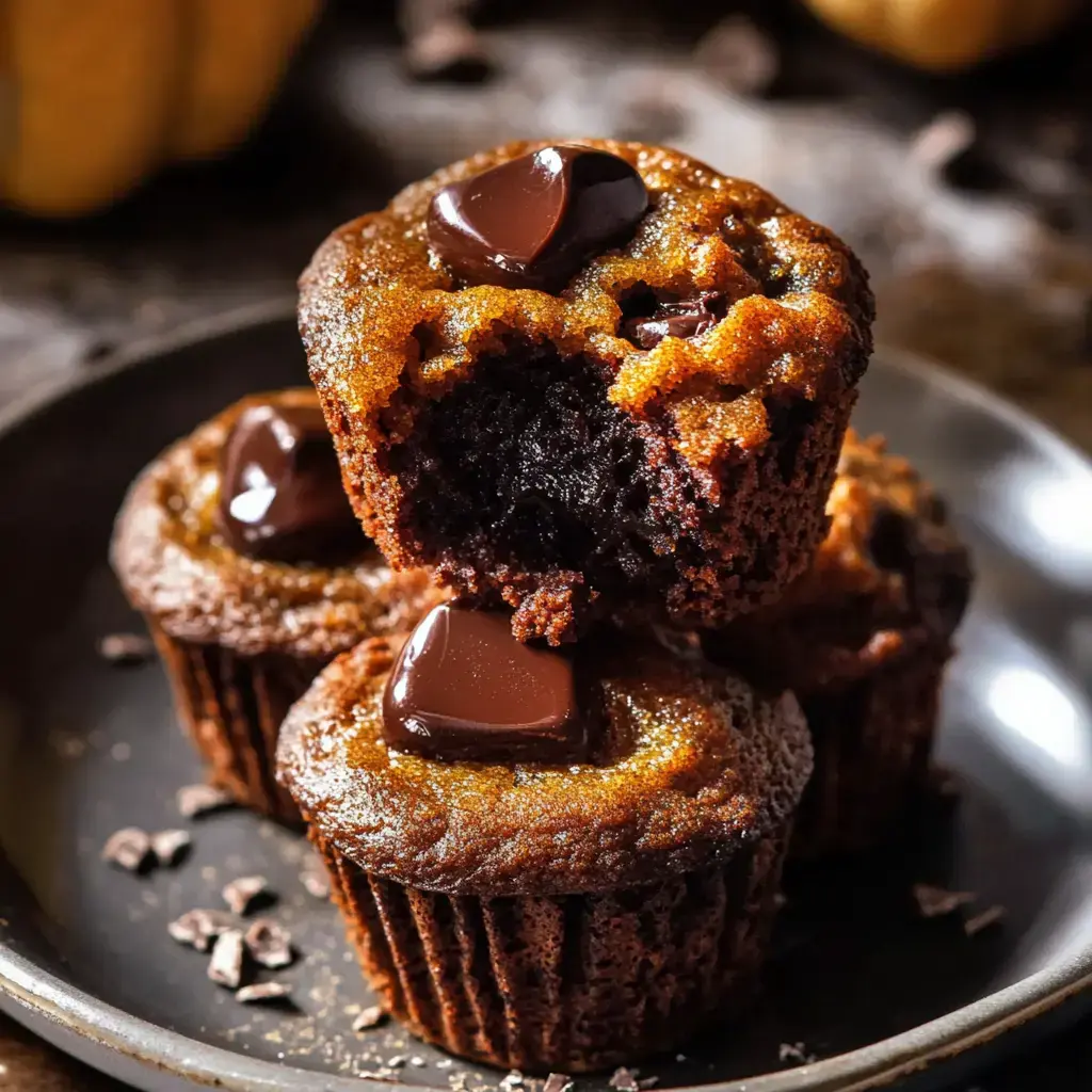 A stack of chocolate cupcakes with a melted chocolate piece on top, one cupcake is partially bitten to show the moist interior.