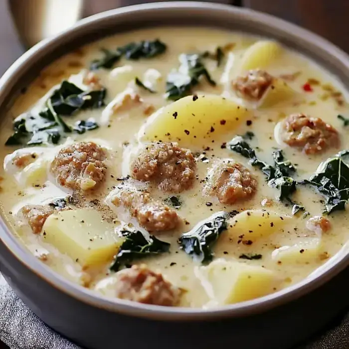 A bowl of creamy soup featuring sausage, potatoes, and kale garnished with black pepper.