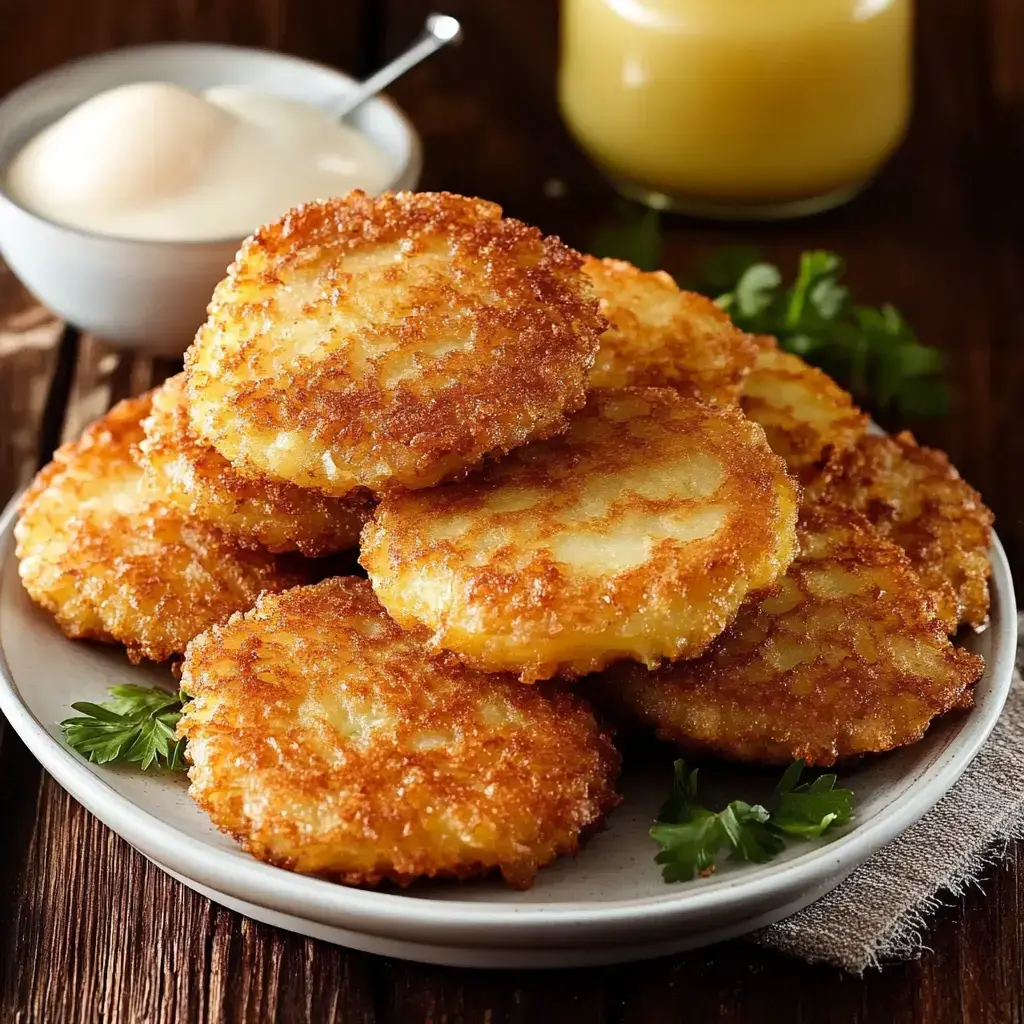 A plate of golden-brown, crispy potato pancakes served with a side of creamy dipping sauce.