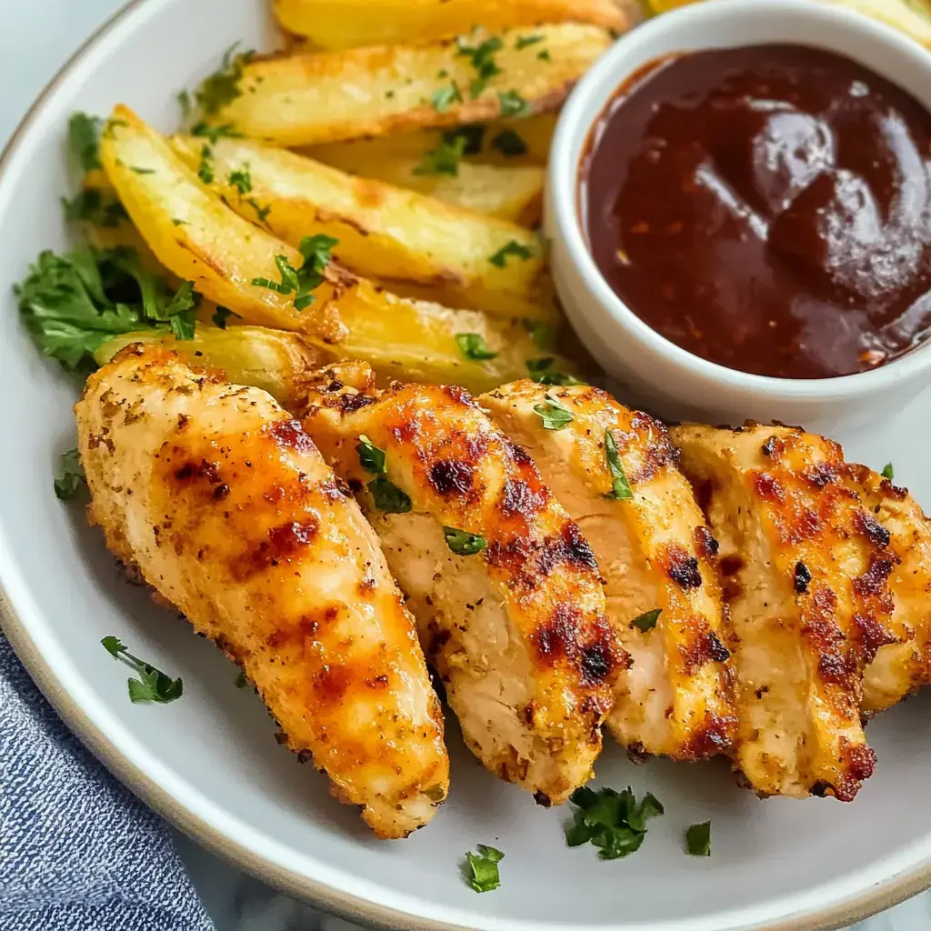 A plate of grilled chicken breast slices accompanied by golden French fries, a small bowl of barbecue sauce, and garnished with parsley.