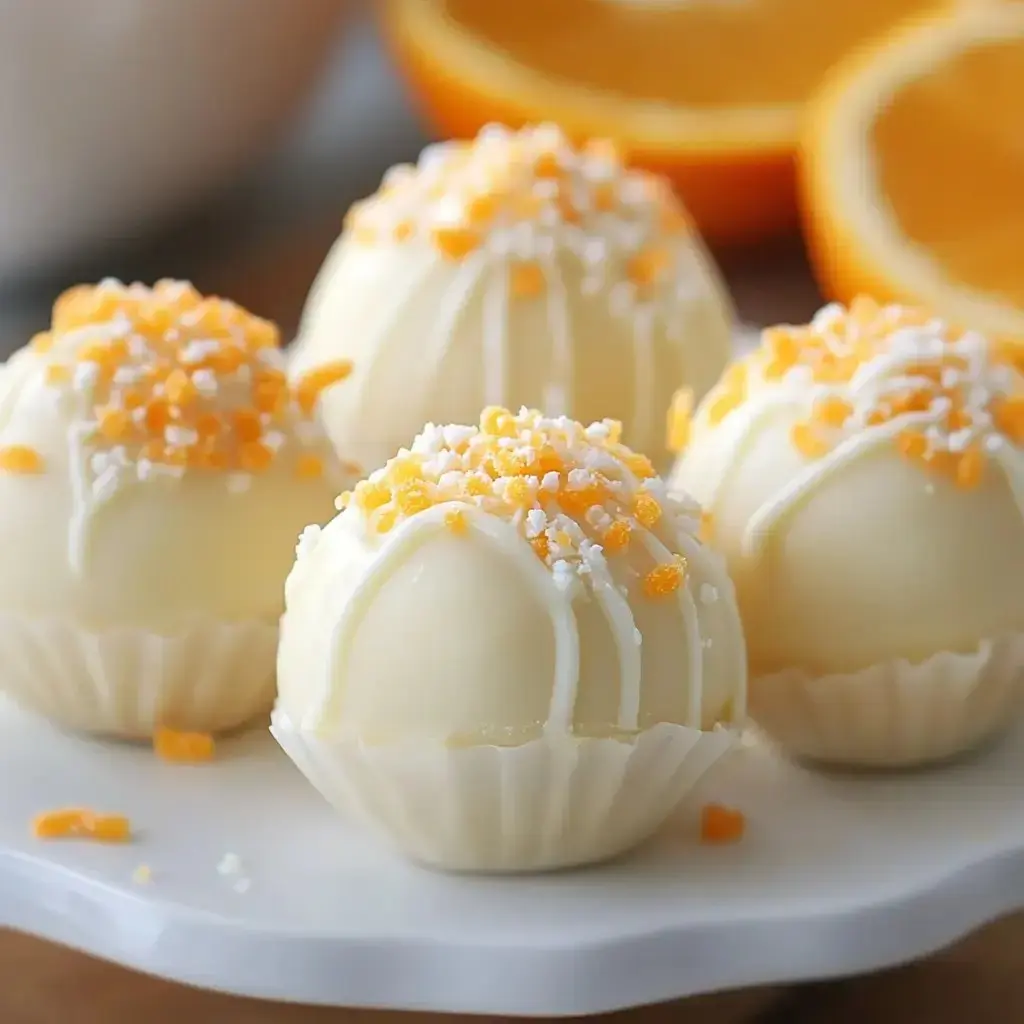 A plate of white chocolate truffles decorated with orange sprinkles and drizzled icing, with fresh orange slices in the background.