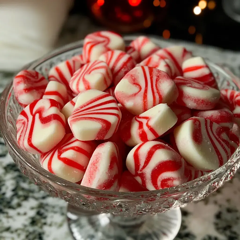 A glass bowl filled with red and white swirled peppermint candies.